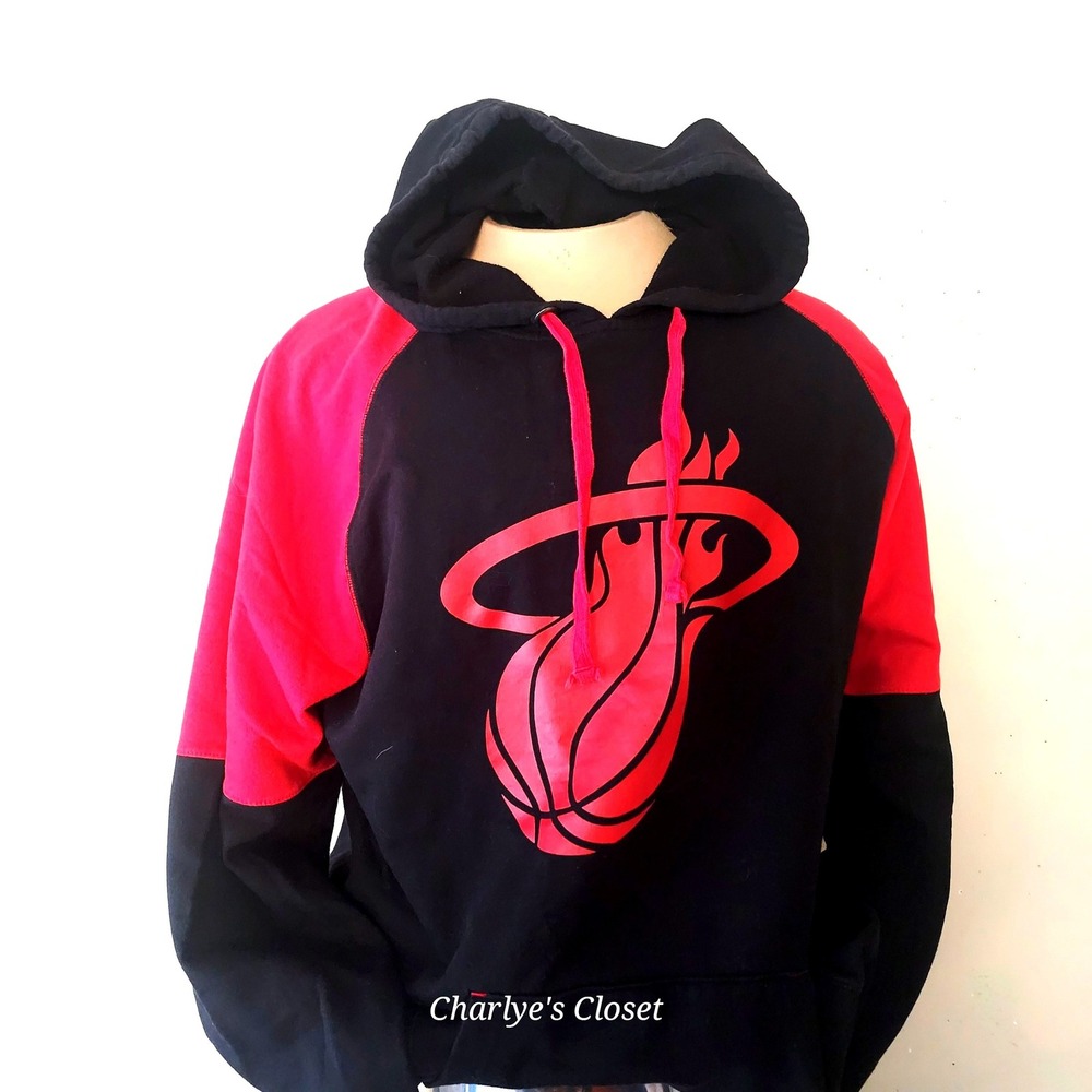 NBA Miami Heat Logo Raglan Sleeve Pullover Fleece Front Pocket Hoodie Blk/Red L